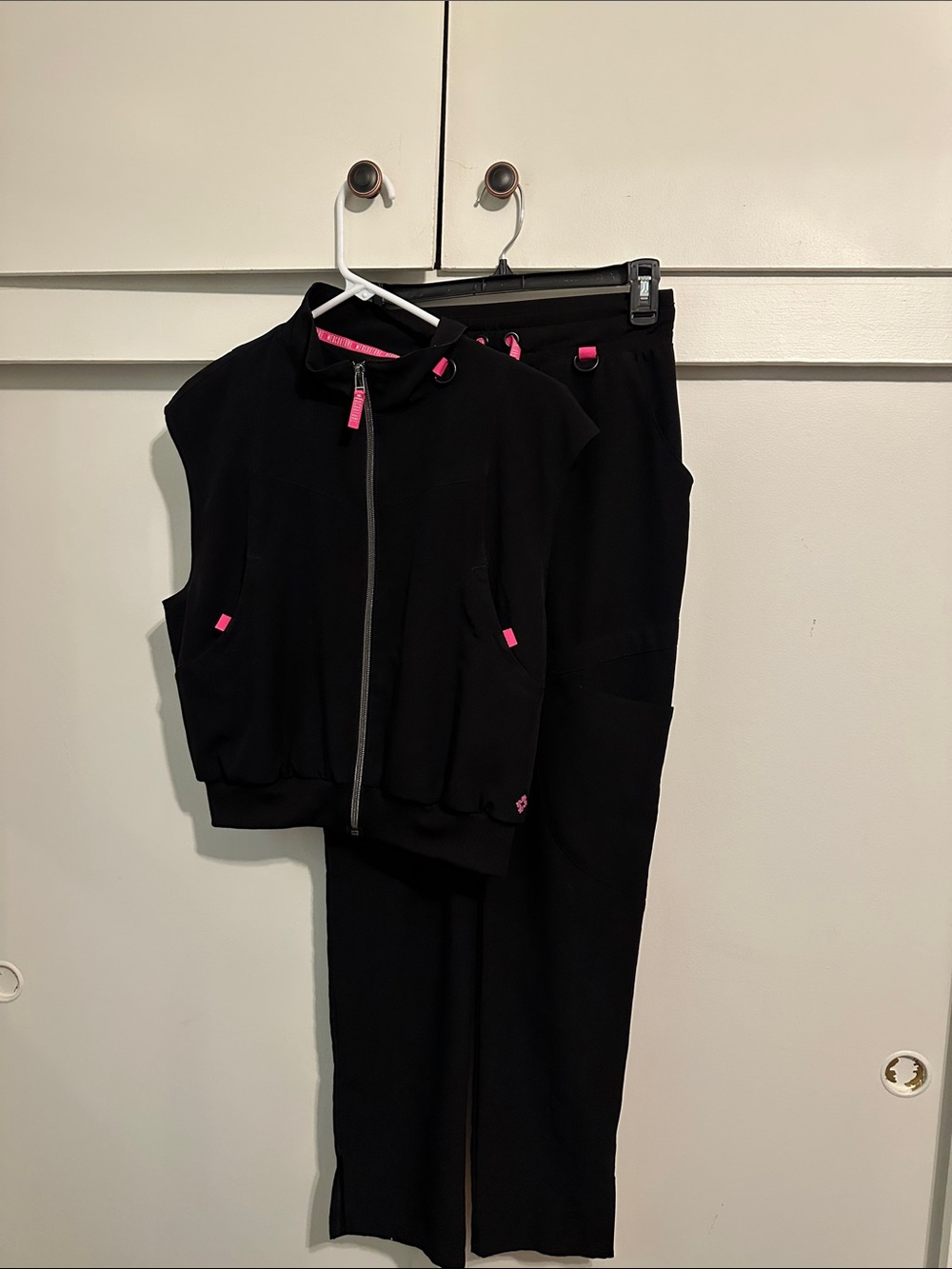 Black Two-Piece Zip Front Vest and Pants with Pink Accents Nurse Uniform